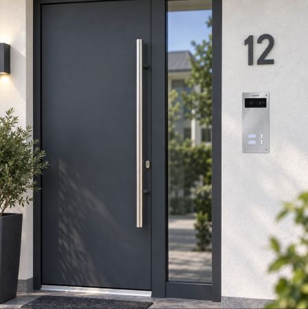 Preview: Nippon Türstation mit 2 Klingeln neben der Haustür eines Zweifamilienhauses